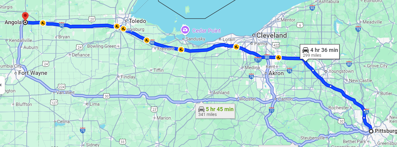 Pittsburgh, Pennsylvania to Angola, Indiana